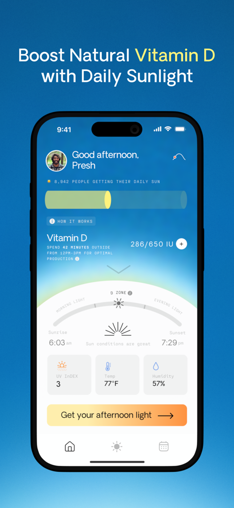 SunSeek: Sunlight & Vitamin D - SunSeek app interface showing Vitamin D tracking and daily sunlight exposure goals