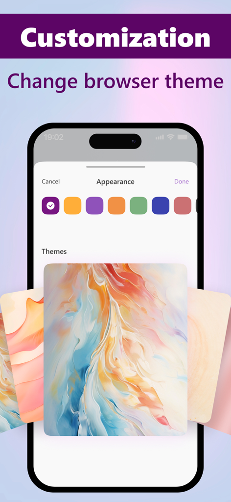 TOR Browser, Prosec Onion VPN - Interfaz de smartphone mostrando varias opciones de temas de color y fondo para la personalización de la aplicación del Navegador TOR de Prosec.