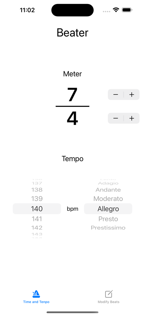 Beater - Interface of the Beater metronome app showing a 7 over 4 meter and a tempo of 140 bpm Allegro