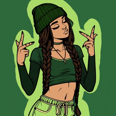 realistic teenage girl with braids and a beanie and crop top doing 🫶🏼