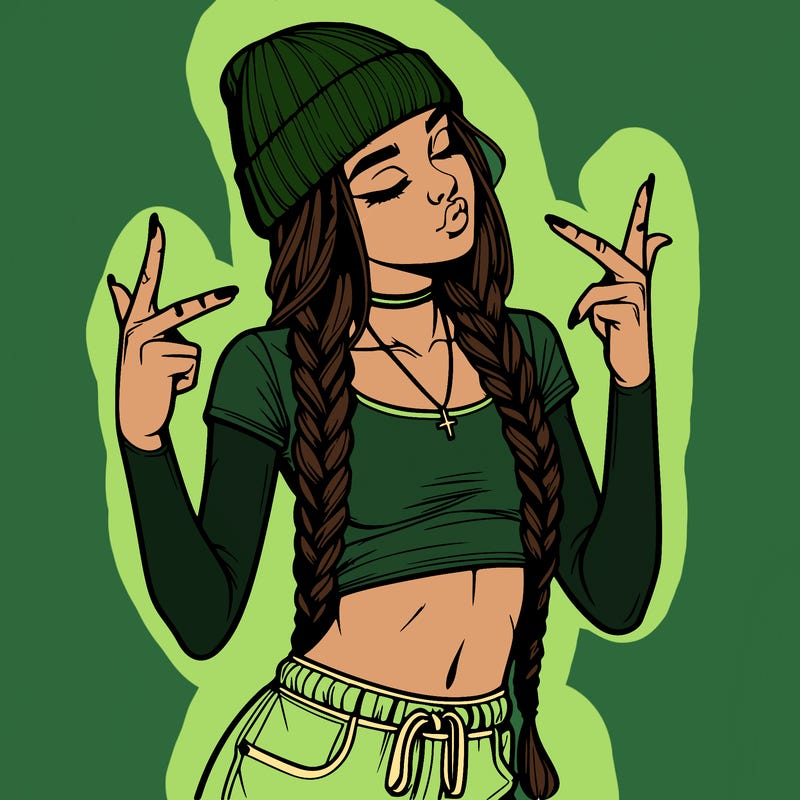 realistic teenage girl with braids and a beanie and crop top doing 🫶🏼