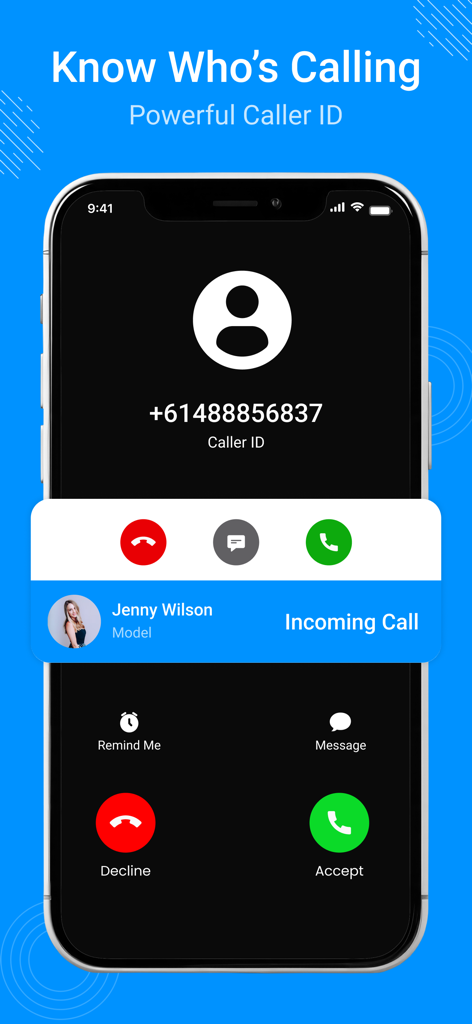 Caller App : Caller ID & Block - Interfaz de la aplicación Caller ID identificando una llamada entrante con nombre y foto