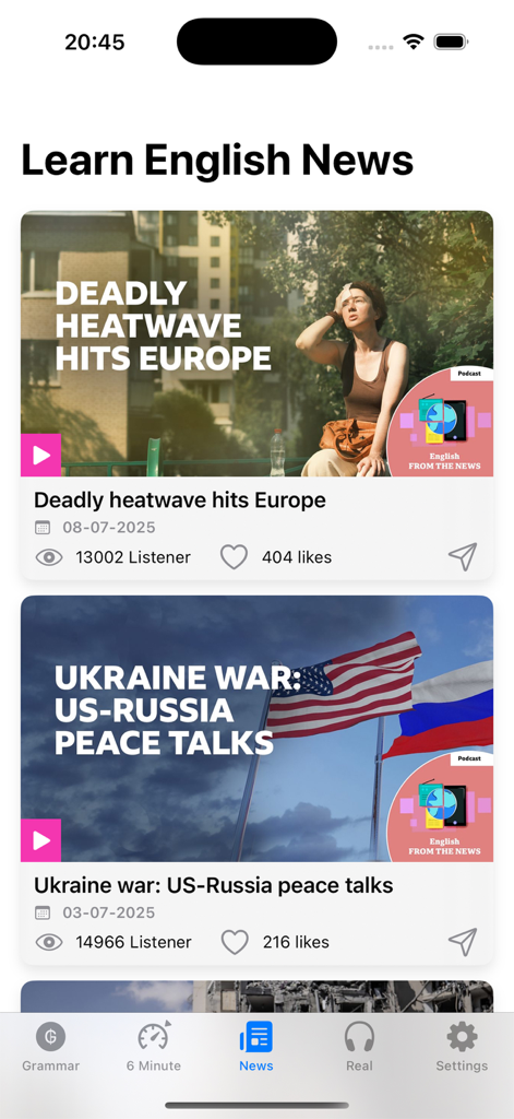 Grammar English Podcast - Grammar English PodcastアプリのLearn English Newsセクションのスクリーンショット。ニュースベースの言語レッスンを特集。