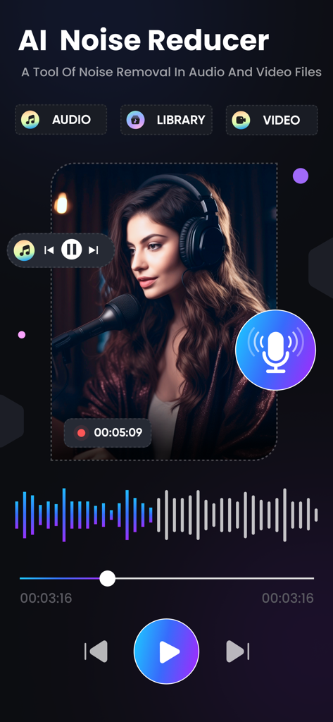 AI Background Noise Remover - Interfaz de la aplicación móvil Reductor de Ruido con IA para edición de audio y vídeo
