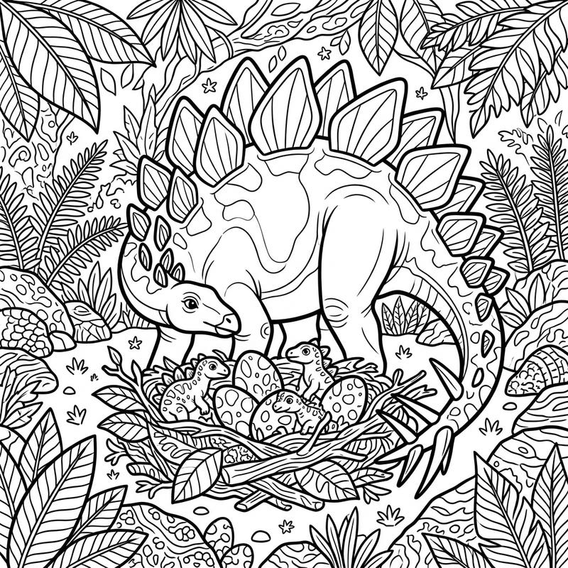 Embark on a creative journey to the age of dinosaurs with this captivating Stegosaurus reproduction coloring page. Observe a gentle parent guarding its precious nest, filled with eggs and adorable baby Stegosauruses, ready for your artistic touch.