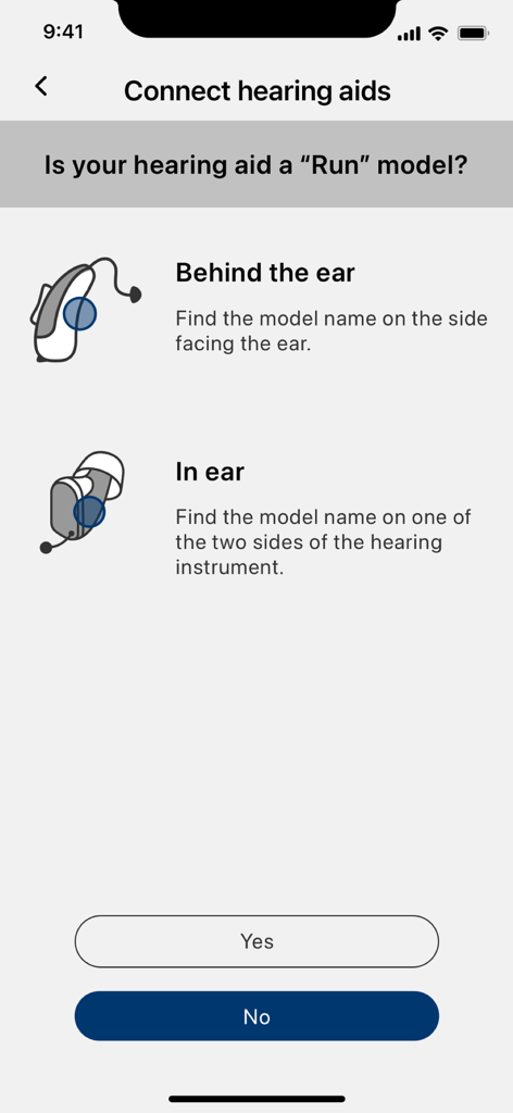 myRemote App - Pantalla de configuración en la app myRemote para conectar modelos de audífonos retroauriculares y intrauriculares.