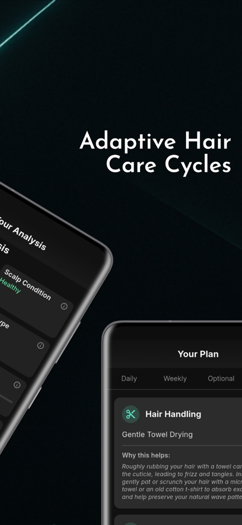 Hair Guru - AI Scalp/Hair Scan - Interface of the Hair Guru app displaying a personalized hair care plan and scalp analysis report.