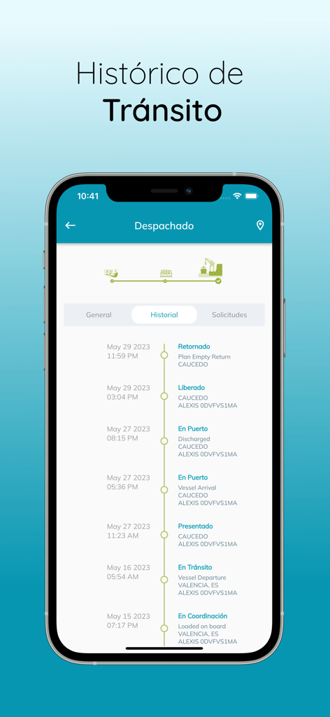 McLogs - McLogs app screen displaying a chronological timeline of cargo shipment status updates
