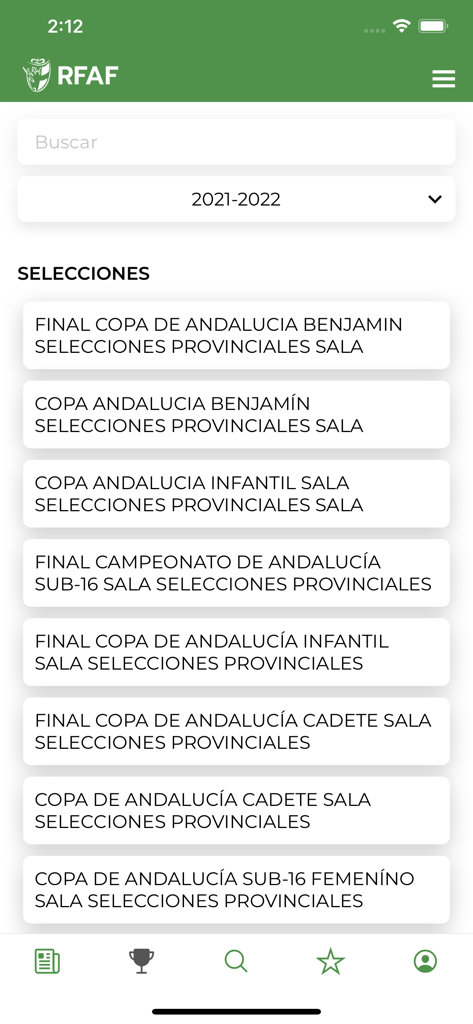 RFAF APP - RFAFアプリの画面、アンダルシアの地方ユースフットボール大会のリストを表示