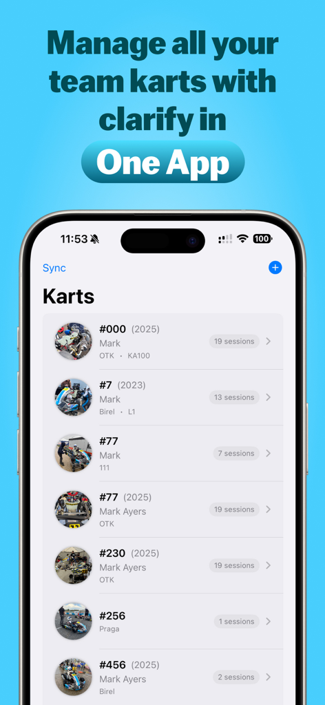 KartTrackerAI - 여러 팀 카트의 세션 데이터를 보여주는 KartTrackerAI 앱 인터페이스 대시보드