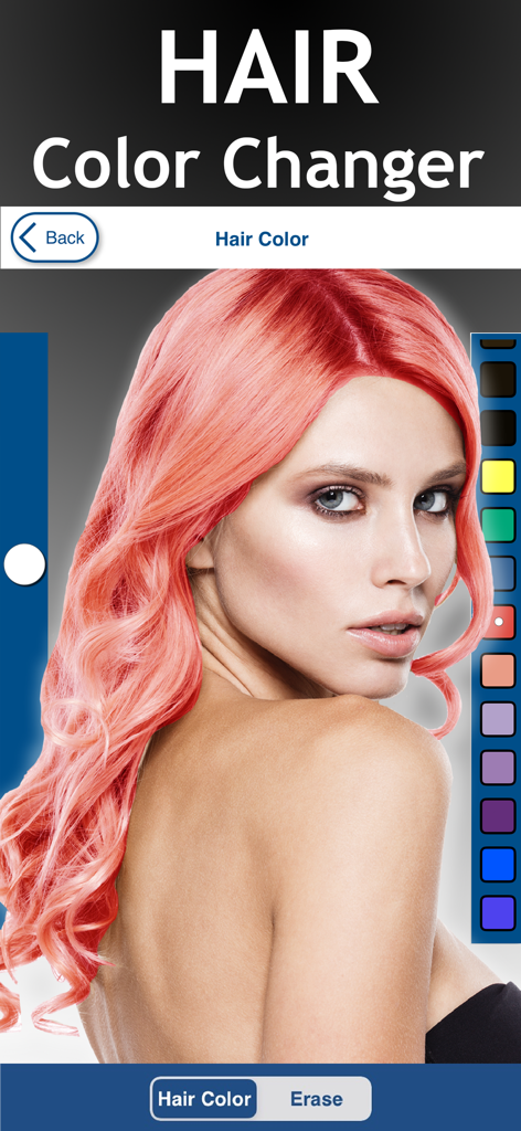 Interfaccia di un'app mobile che mostra una funzione di cambio colore dei capelli virtuale con una donna che sfoggia capelli rosa acceso