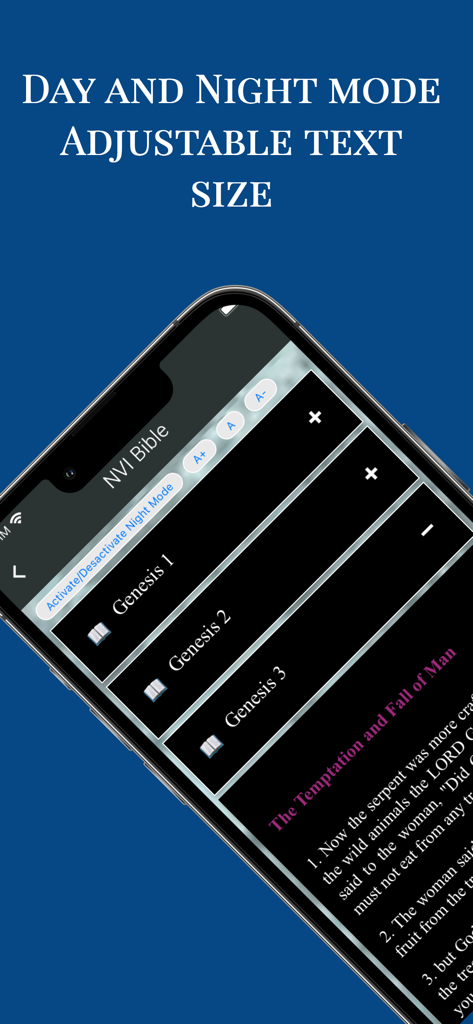 NIV Bible Offline in English - NIV Bible app interface showing night mode and options to adjust text size