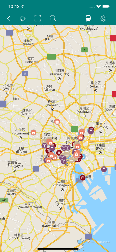 Self Guide - Interactive map of Tokyo in the Self Guide app showing curated travel points of interest for shopping dining and attractions