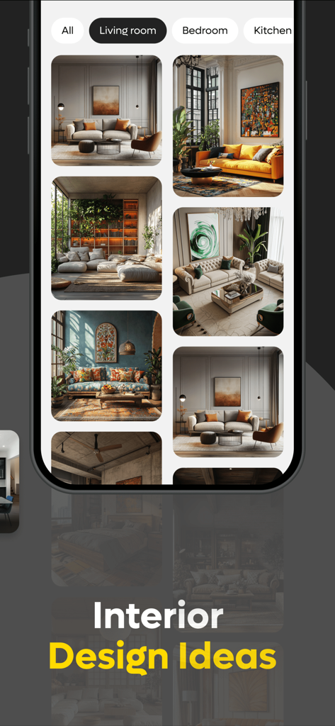 AI Interior Design, Renovation - AI generated living room interior design ideas in the Decorium app