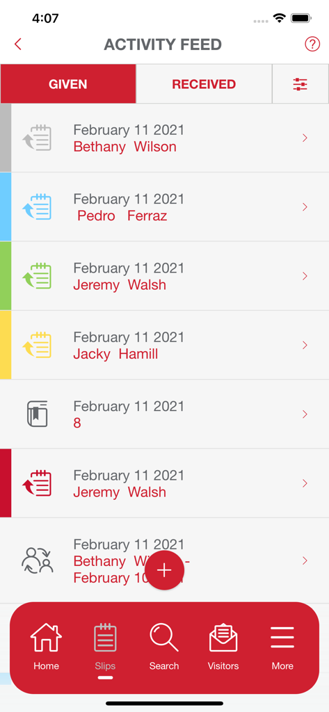 BNI Connect Mobile app activity feed displaying a list of given referrals and slips