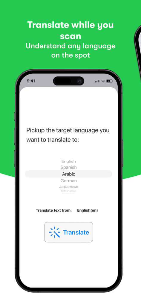 Talkie OCR - Image to Speech - Talkie OCR app interface for selecting a target language to translate scanned text
