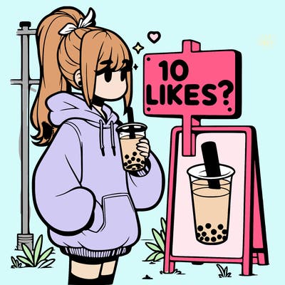 girl with oversized hoodie drinking boba and she has a high ponytail with a sign that says 10likes?