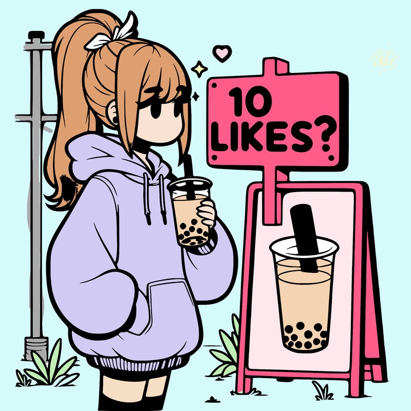 girl with oversized hoodie drinking boba and she has a high ponytail with a sign that says 10likes?