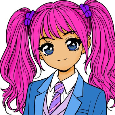realistic girl with two ponytails and a suit on