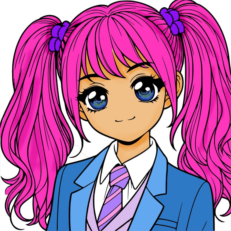 realistic girl with two ponytails and a suit on