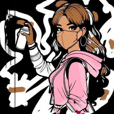 realistic girl with mask spray painting a wall