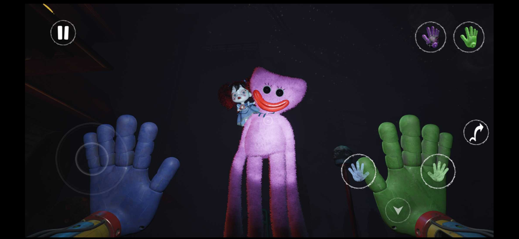 First person gameplay of Poppy Playtime Chapter 3 showing blue and green GrabPack hands facing the tall pink character Kissy Missy