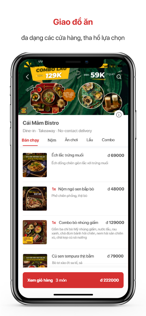 Godi - Smartphone screen displaying the Godi app food delivery menu with Vietnamese cuisine.