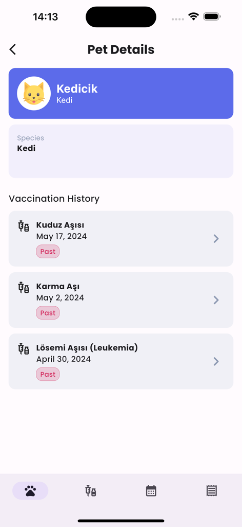 Veterian - Pet Health & Care - Veterianアプリのペット詳細ページのスナップショット。ケディチクという名前の猫の過去の予防接種履歴が表示されています。