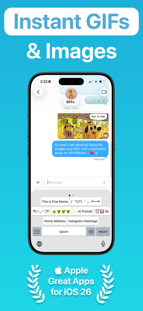 WordBoard custom keyboard interface showing quick shortcut buttons for GIFs and images in a chat message.