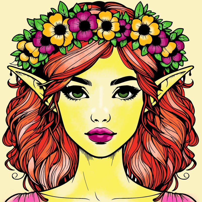 realistic female elf with flower crown