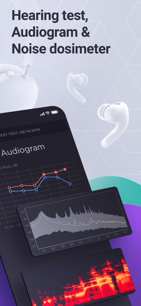 Decibel Pro app interface showing hearing test results and audiogram graphs