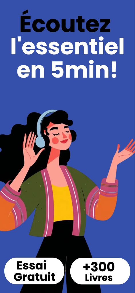 Cobalt : Book Summaries - A woman listening to headphones illustrating five minute book summaries on the Cobalt app with a free trial offer.