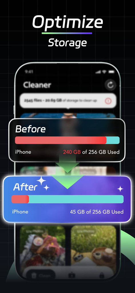 PixBox: Compress & Clean - Before and after comparison showing iPhone storage usage drop from 240GB to 45GB using the PixBox app