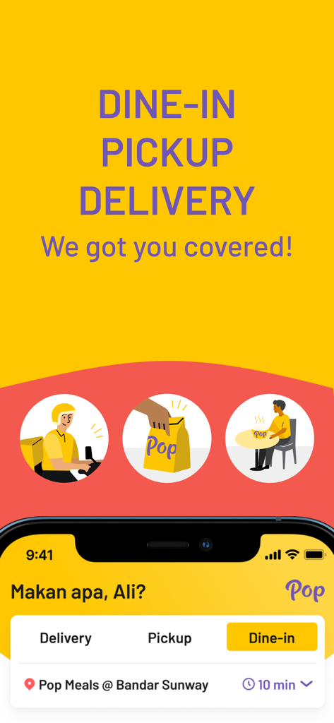 Pop - Meals just like home - Pop Meals app interface showcasing dine-in pickup and delivery service options