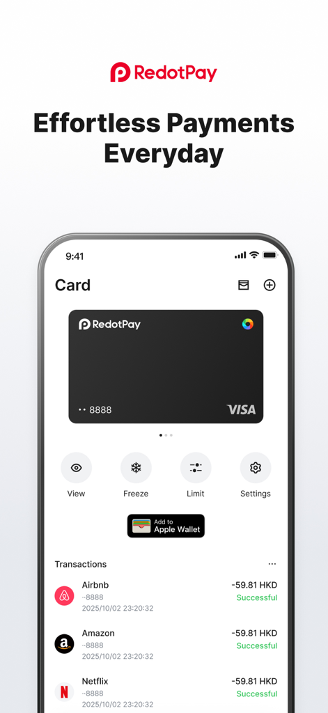 RedotPay: Crypto Card & Pay - RedotPay mobile App-Oberfläche mit einer virtuellen Visa-Karte und Transaktionsverlauf für Marken wie Airbnb und Amazon