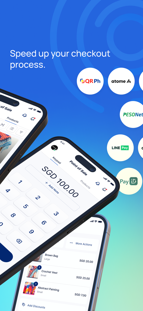 HitPay mobile app interface showing point of sale keypad and product inventory for fast business payments