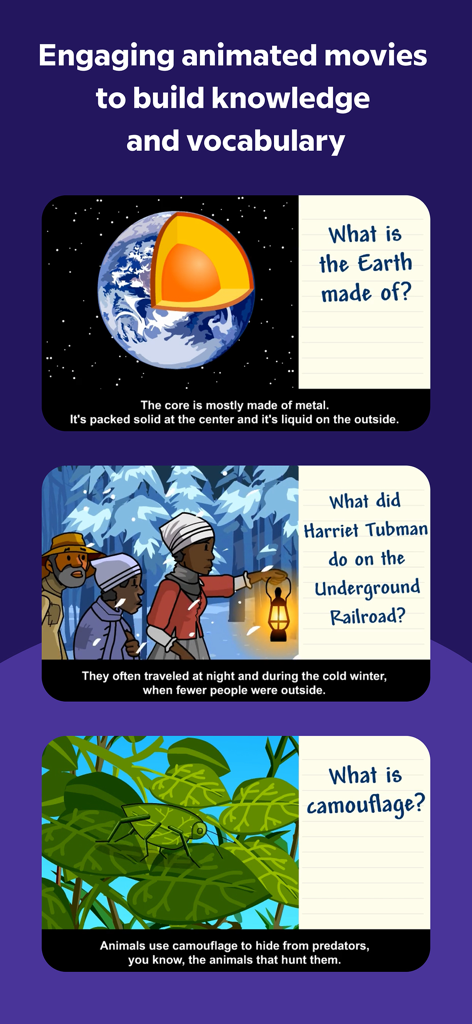 BrainPOP Jr. App-Bildschirm mit animierten Lehrfilmen über den Erdkern, Harriet Tubman und Tarnung.