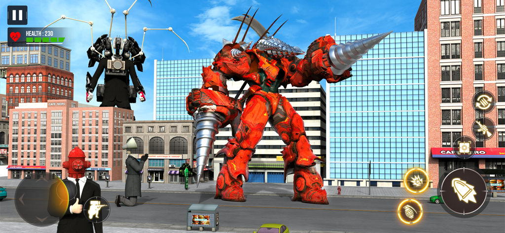 Toilet Rope Monster Game 3D - A giant red drill robot faces off against camera headed heroes in a 3D city environment