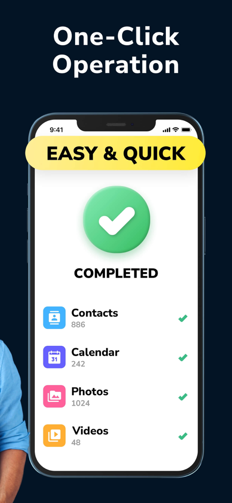 Smartphone screen showing a successful one-click data transfer of contacts, calendar, photos, and videos.