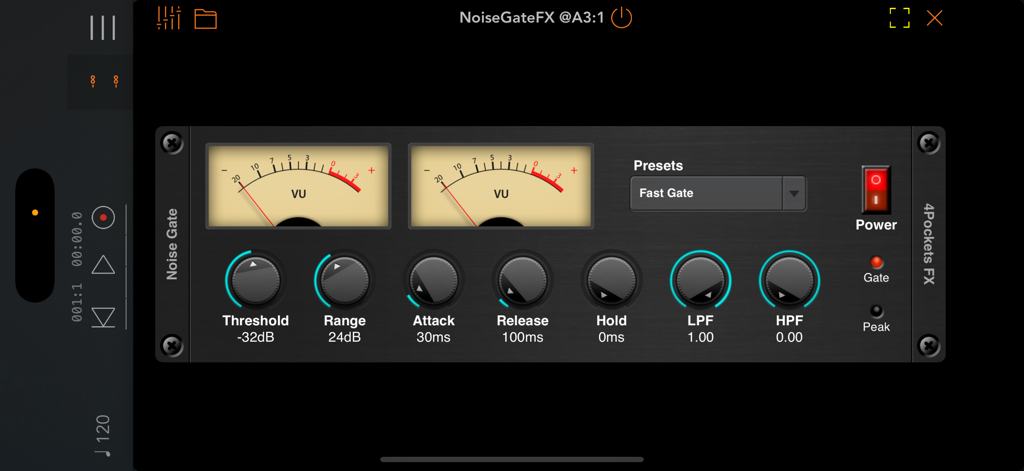 Noise Gate AUv3 Plugin - User interface of the Noise Gate AUv3 audio plugin with VU meters and control knobs for music production