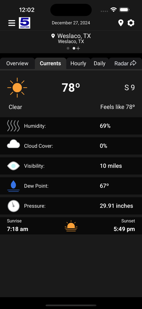 KRGV FIRST WARN 5 Weather - Current weather conditions for Weslaco Texas on the KRGV First Warn 5 app showing temperature humidity and visibility.