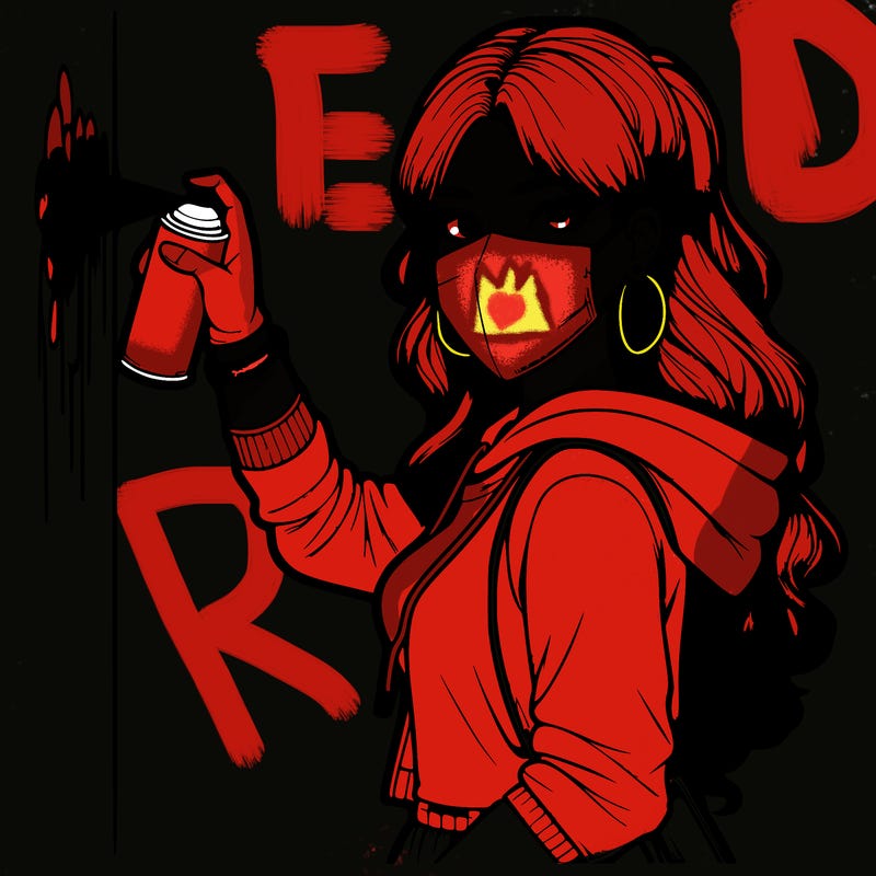 realistic girl with mask spray painting a wall