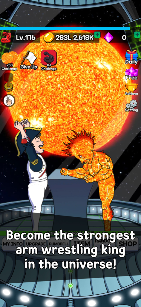 Arm Wrestling Clicker - A character in a costume arm wrestling a fiery muscular opponent in front of a giant sun in the Arm Wrestling Clicker mobile game.