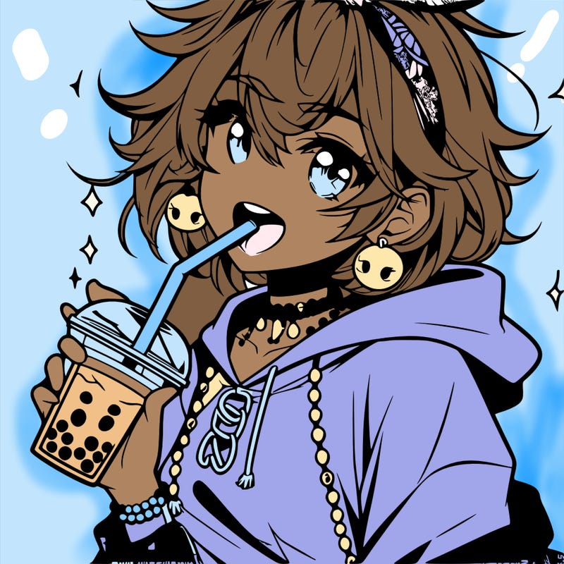 hot baddie anime girl drinking boba and biting the straw