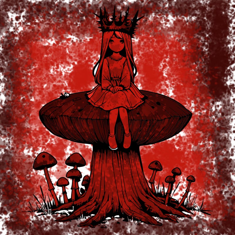 realistic girl sitting on a huge tree stump size toadstool with thorn crown