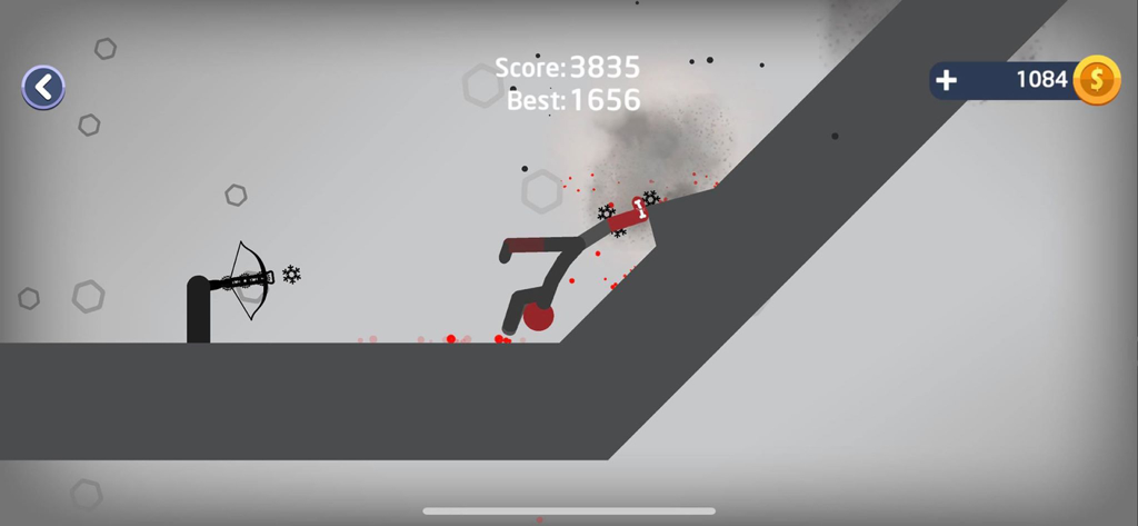 A stickman character falling down a ramp with ragdoll physics and red damage effects in the game Stickmen Falling.