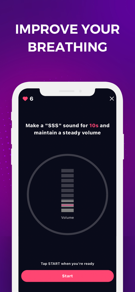 Smartphone screen showing StarMaker breathing exercise tool for singers