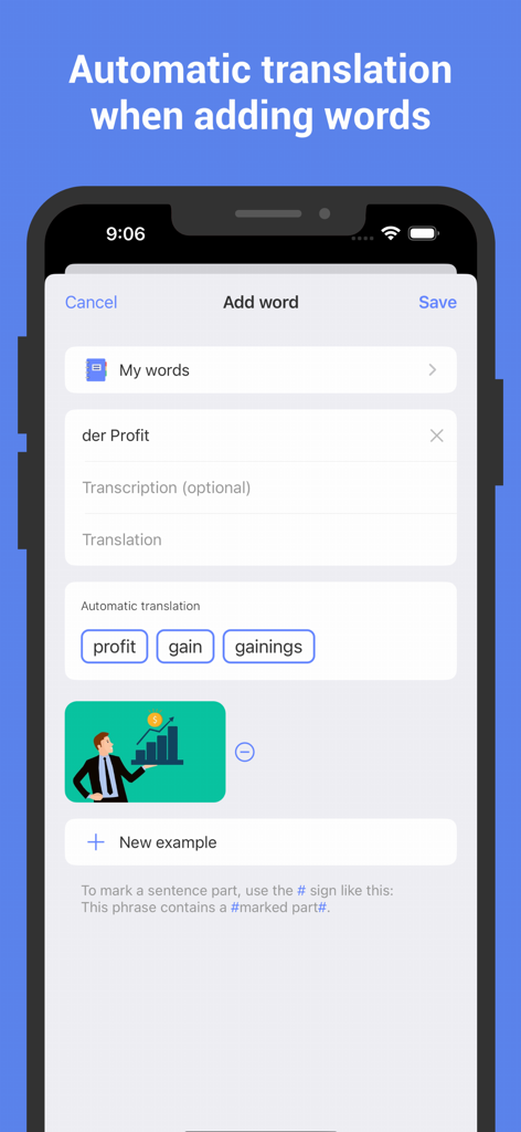 Learn German with Flash cards - Screenshot of the Add Word interface in the German flashcard app showing automatic translation options for the word der Profit.