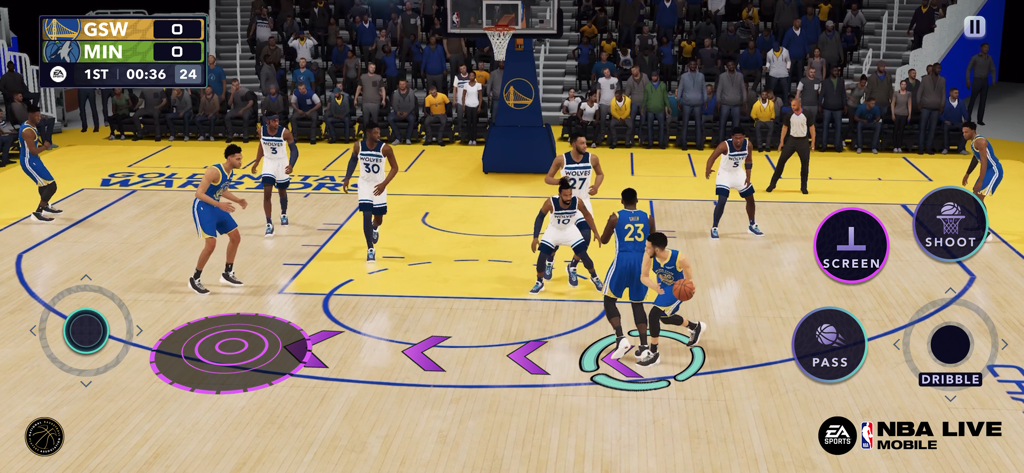 Uma partida de basquete ao vivo no NBA LIVE Mobile apresentando Golden State Warriors contra Minnesota Timberwolves com controles na tela