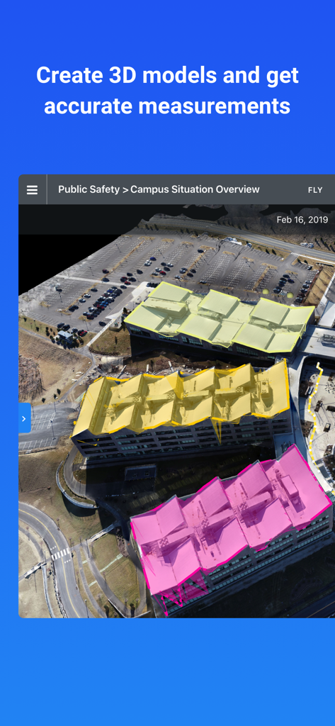 DroneDeploy interface showing a 3D building model with color coded roof segments for measurements